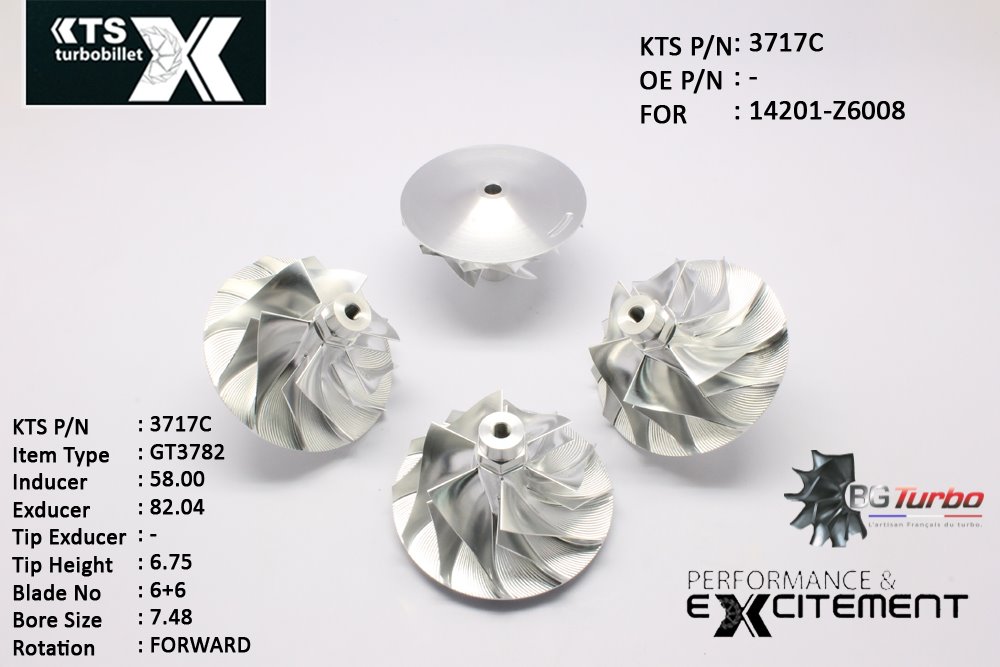 Turbo ROUE FORGÉE MFS PERFORMANCE - 6+6 PALES - INDUCER : 58 - EXDUCER : 82,04 - TYPE : GT3782ANGLE : 60° - ROTATION : Forward - SUPER BACK : 5,4 - BORE SIZE : 7,48
